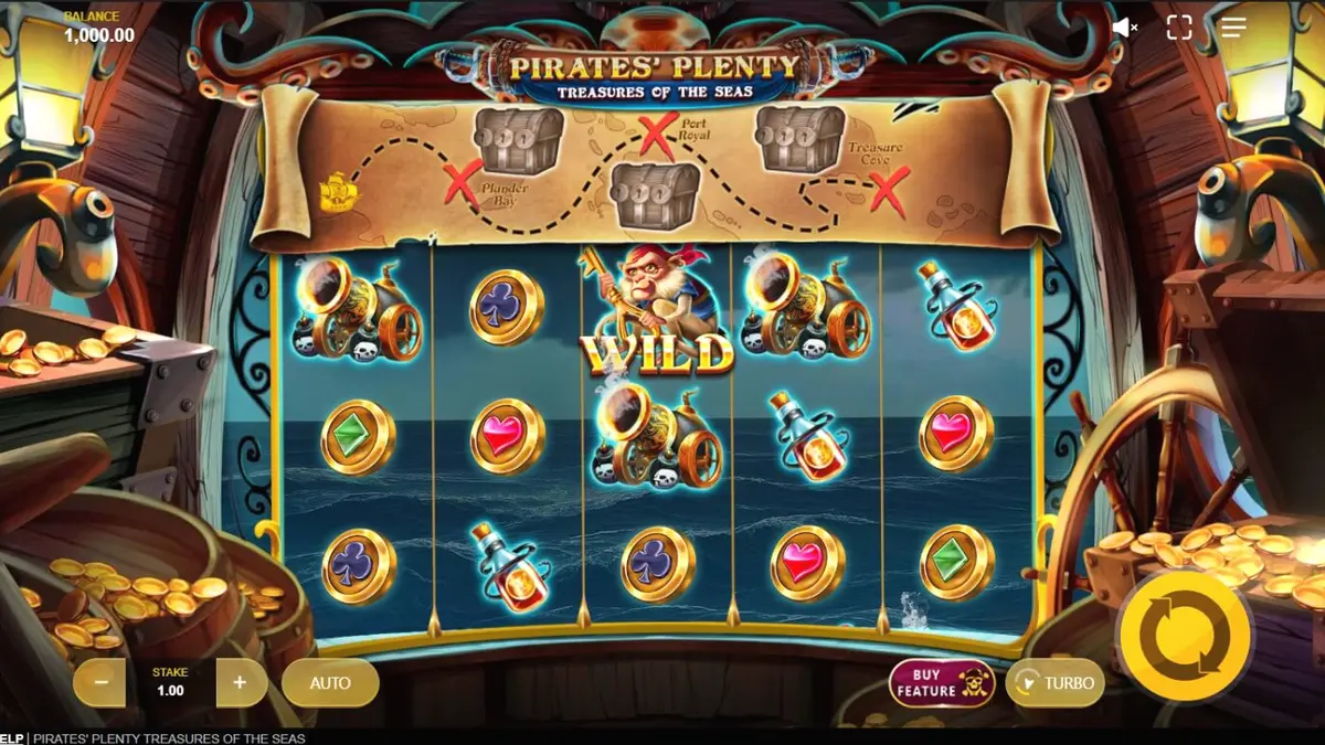 Tampilan visual slot Pirates’ Plenty: Treasures of the Seas dengan tema bajak laut yang mendalam.